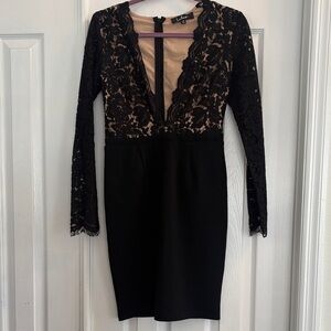 Lulus Sexy Black Lace Deep V Cocktail Homecoming Bodycon Stretch Dress